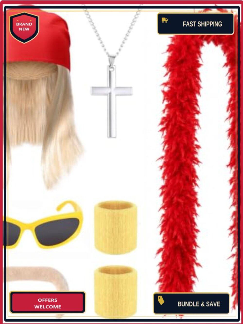 7 Pc Halloween Costume Set Feather Boa Wig Beard Bracers Glasses Wrestler